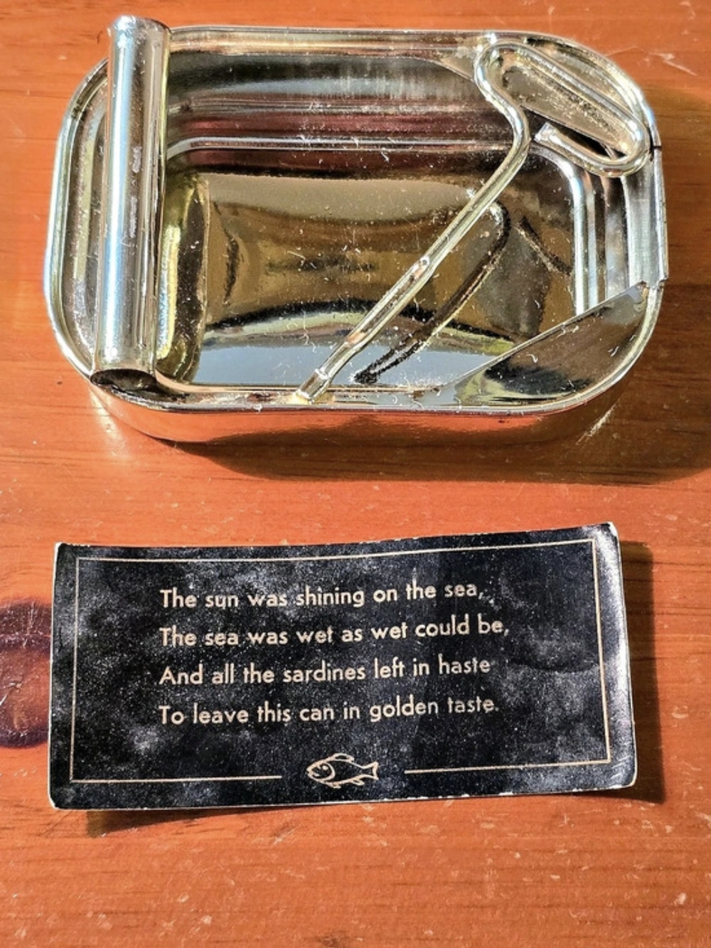 Vintage Mid Century Chrome Sardine Tin Ashtray & Catchall W/ Original Poem Card